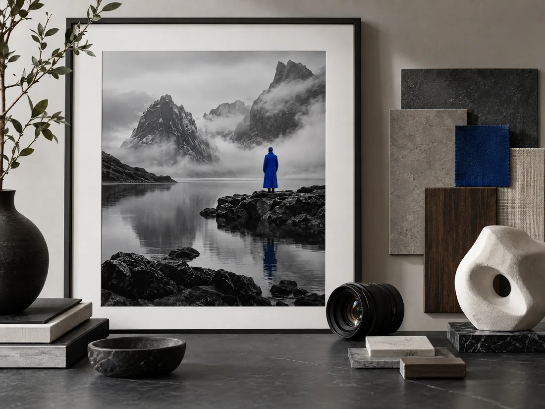 An art direction desk with a generated monochrome landscape